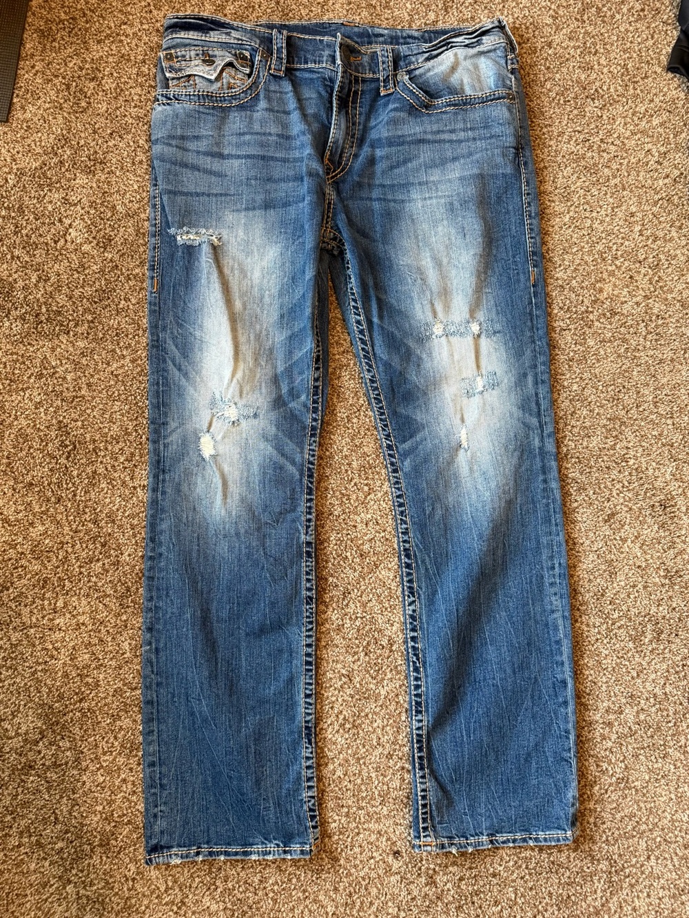 True Religion Men's Blue Distressed Straight Jeans
